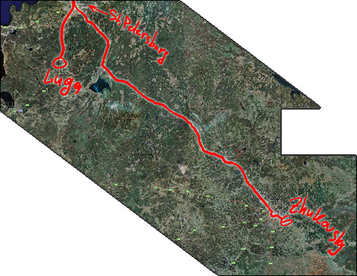 From Zhukosky to Luga ~ 1000km