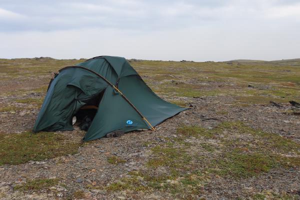 Our camp at the morning - +9 degrees C (48F), drizzling rain and strong wind, our tent almost blown away. That's the beginning of august.
